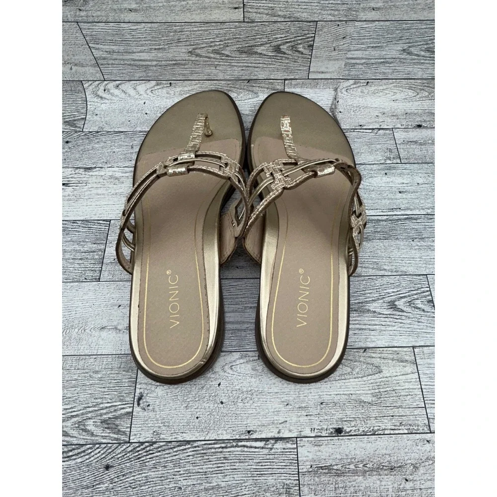 Vionic Alvana Champagne Gold Metallic Orthotic Thong Sandals Women Sz 9